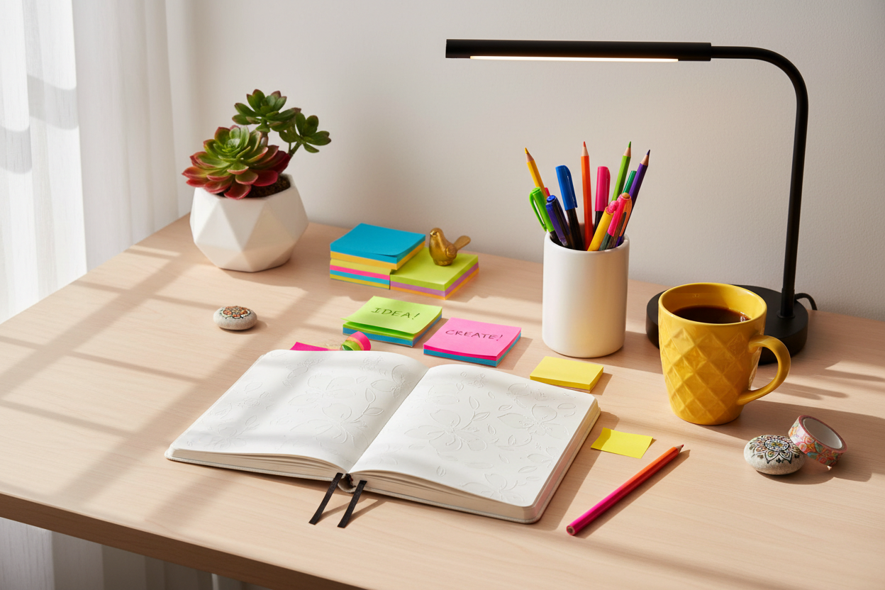 White diary with vibrant workspace setup